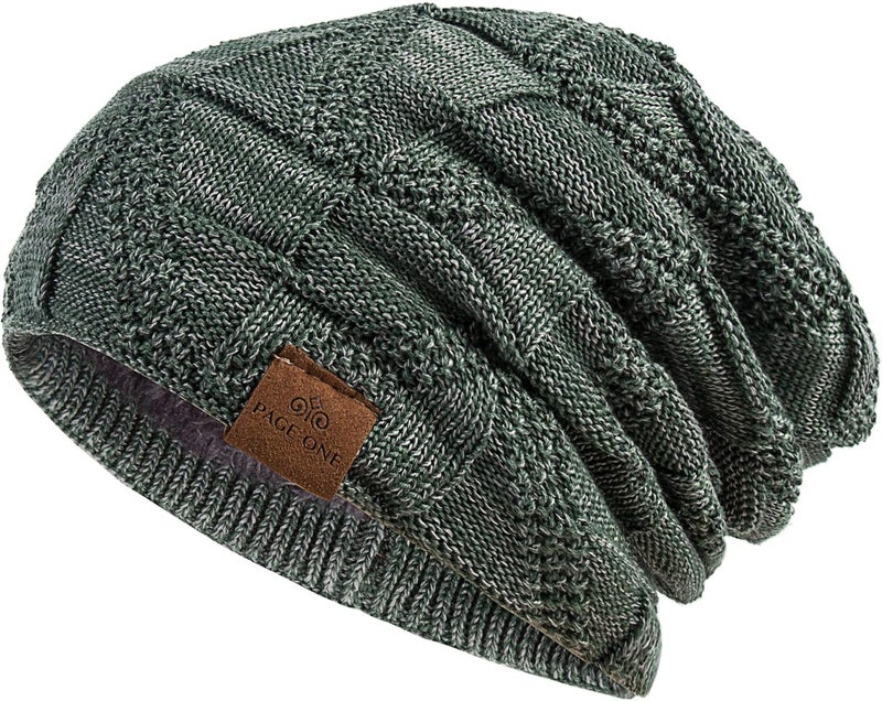 PAGE ONE Mens Winter Slouchy Beanie Warm Fleece Lined Skull Cap Baggy Cable Knit Hat - Image 1